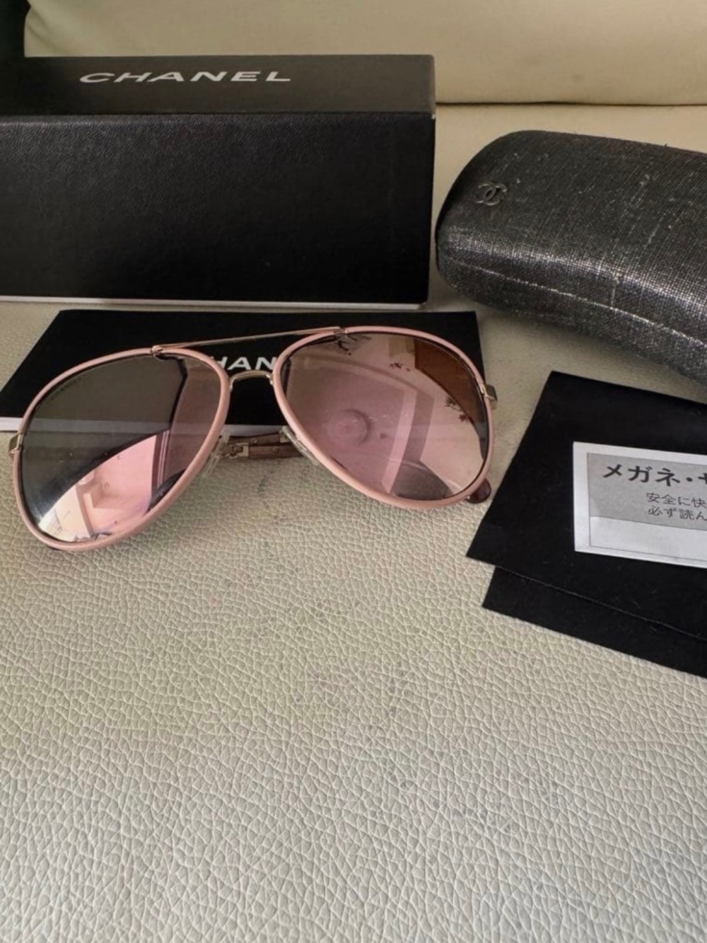 CHANEL Pilot Sunglasses Pink Mirror Lens Gold Chain Temple Case Box Authentic